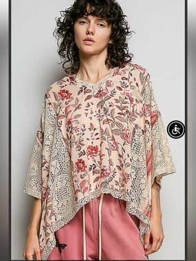 POL Rose Pink Multi Floral Crochet V Neck Hoodie Top